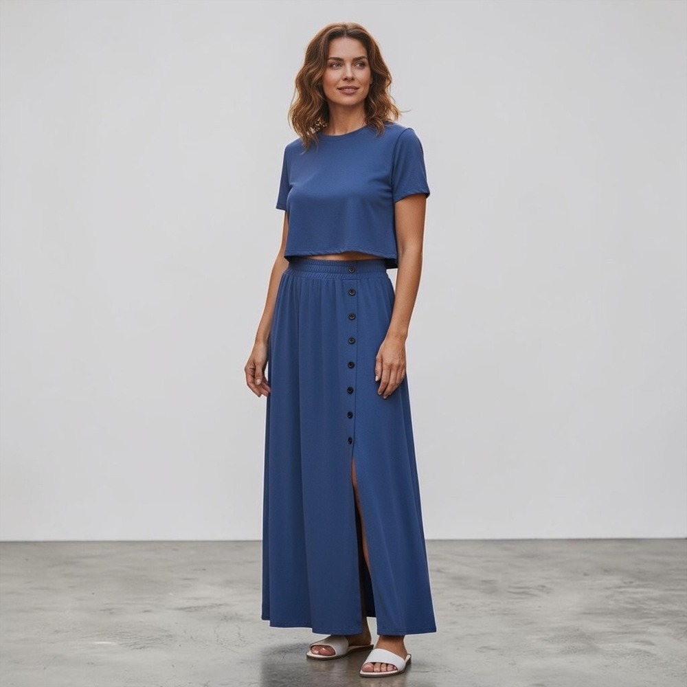 Blue 2 Piece Crop Top and Button Front Maxi Skirt Set Size Large Slit Skirt